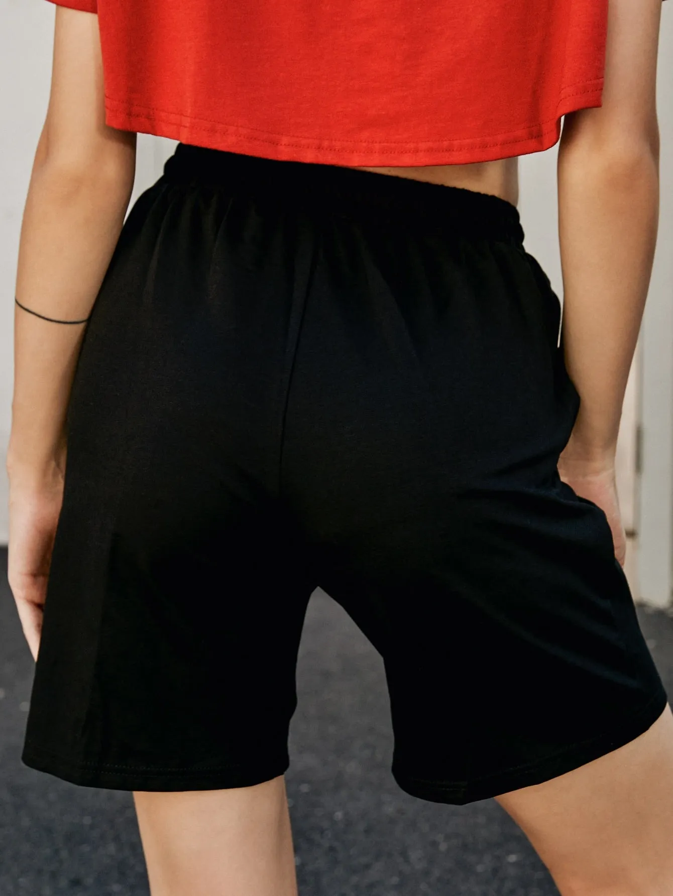 Sporty Plain Tie Front High Waist Women Shorts