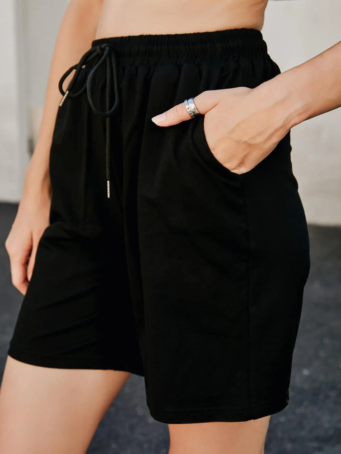 Sporty Plain Tie Front High Waist Women Shorts