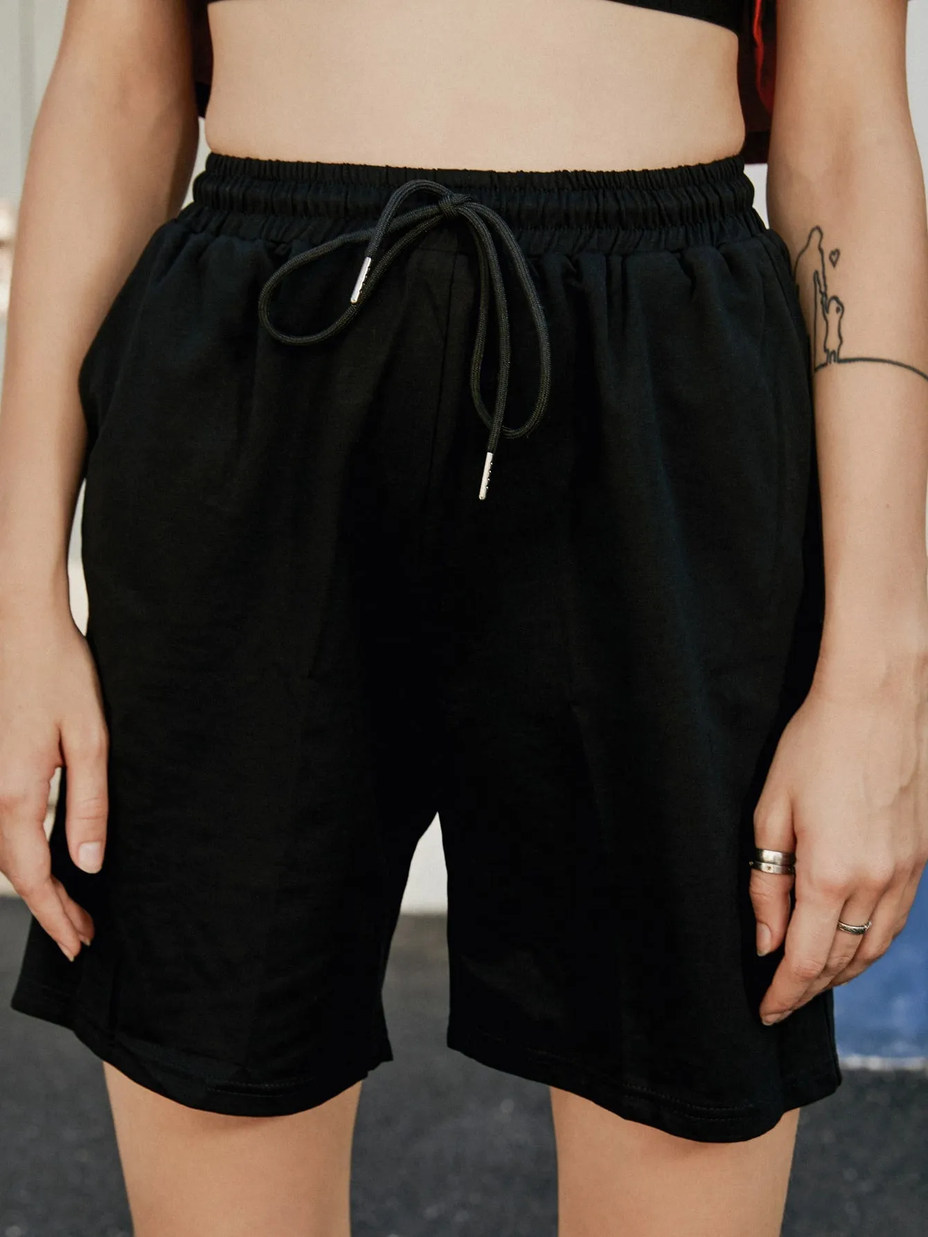 Sporty Plain Tie Front High Waist Women Shorts