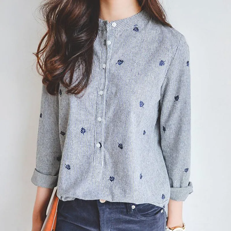 Striped Mix Colours Leaves Embroidery Korean Stand Collar Shirt Long Sleeved Slim Look Women Blouse