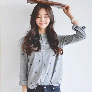 Striped Mix Colours Leaves Embroidery Korean Stand Collar Shirt Long Sleeved Slim Look Women Blouse