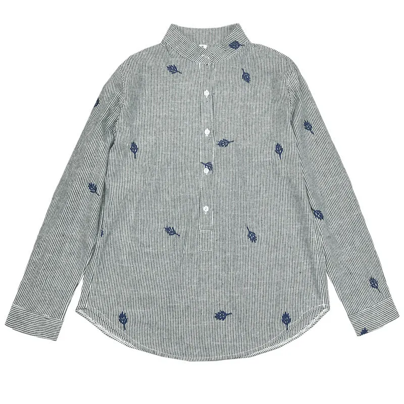 Striped Mix Colours Leaves Embroidery Korean Stand Collar Shirt Long Sleeved Slim Look Women Blouse