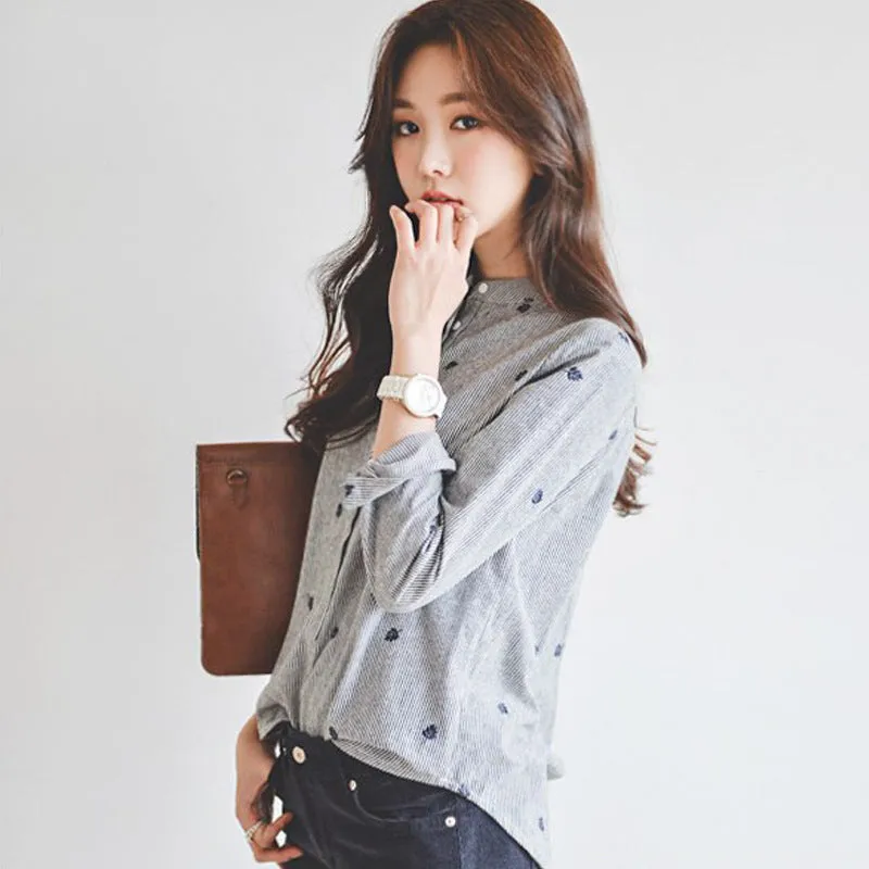 Striped Mix Colours Leaves Embroidery Korean Stand Collar Shirt Long Sleeved Slim Look Women Blouse