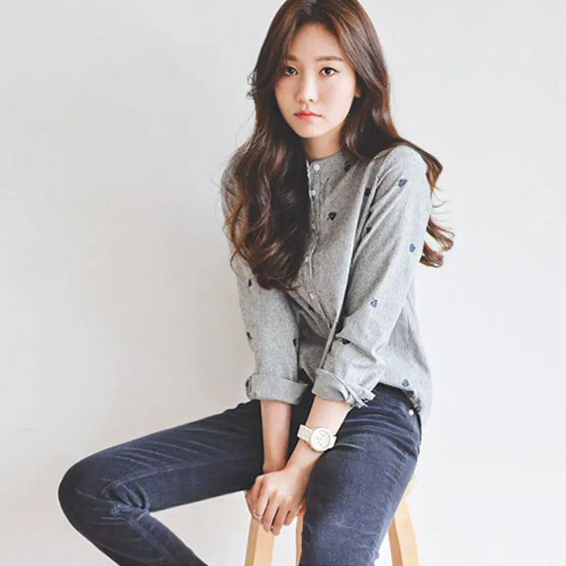 Striped Mix Colours Leaves Embroidery Korean Stand Collar Shirt Long Sleeved Slim Look Women Blouse