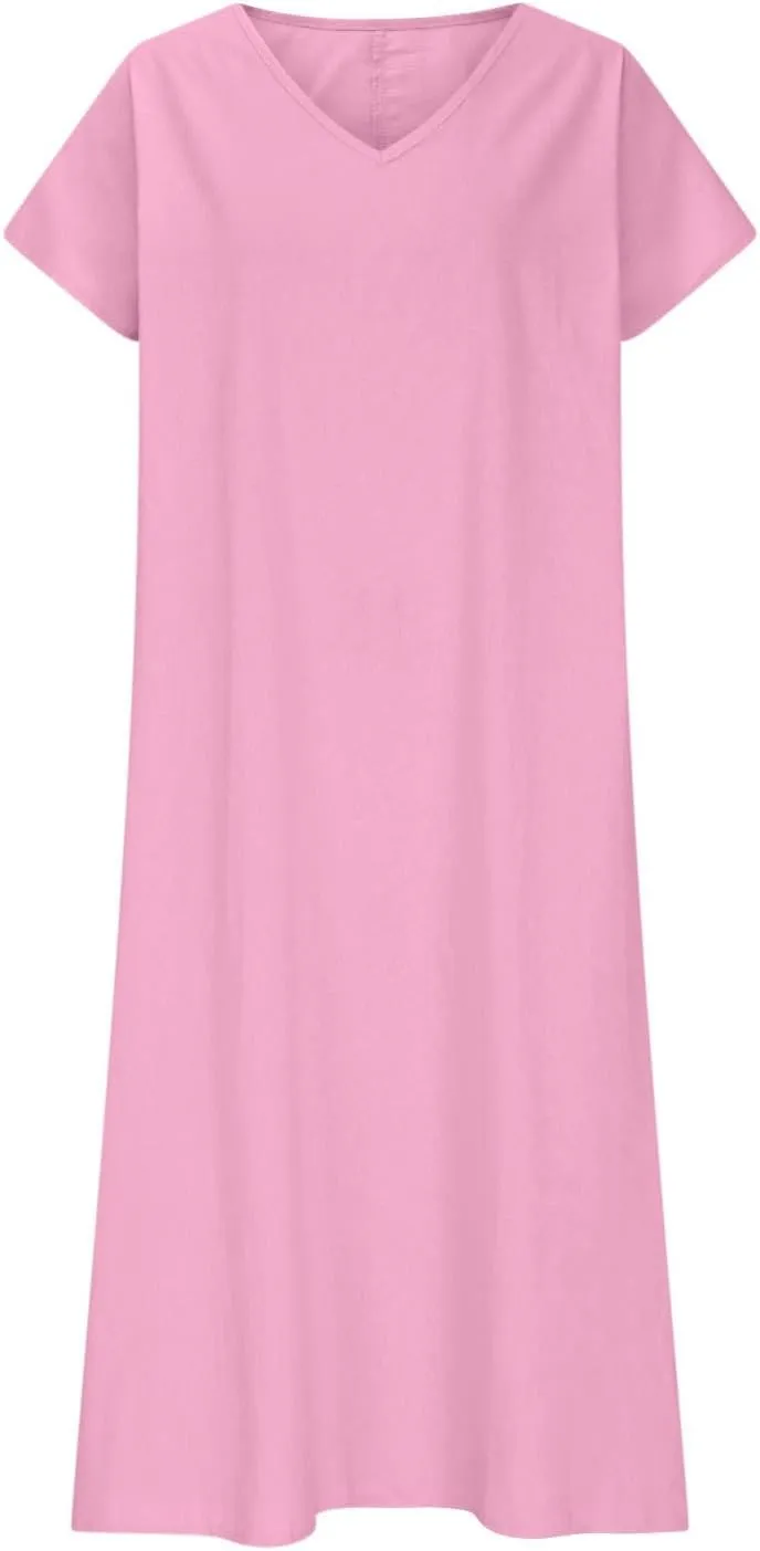 Summer Cotton Linen Dress Women Short Sleeve V Neck Shift A Line Maxi Dresses Comfy Flowy Swing Long Beach Dress
