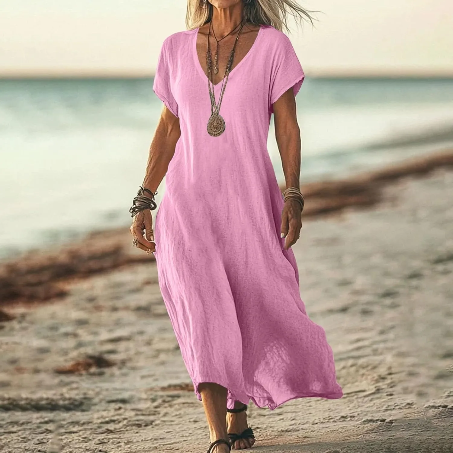 Summer Cotton Linen Dress Women Short Sleeve V Neck Shift A Line Maxi Dresses Comfy Flowy Swing Long Beach Dress