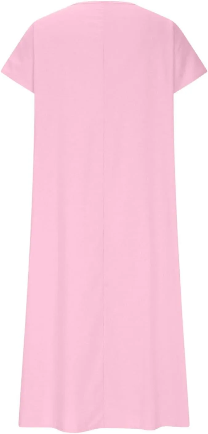 Summer Cotton Linen Dress Women Short Sleeve V Neck Shift A Line Maxi Dresses Comfy Flowy Swing Long Beach Dress