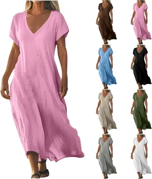 Summer Cotton Linen Dress Women Short Sleeve V Neck Shift A Line Maxi Dresses Comfy Flowy Swing Long Beach Dress