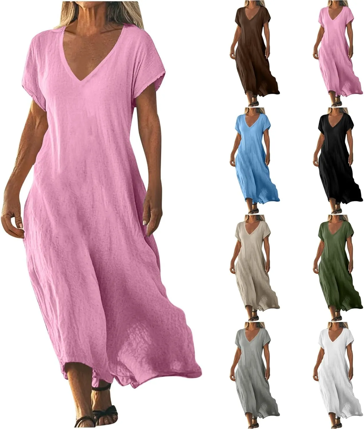 Summer Cotton Linen Dress Women Short Sleeve V Neck Shift A Line Maxi Dresses Comfy Flowy Swing Long Beach Dress