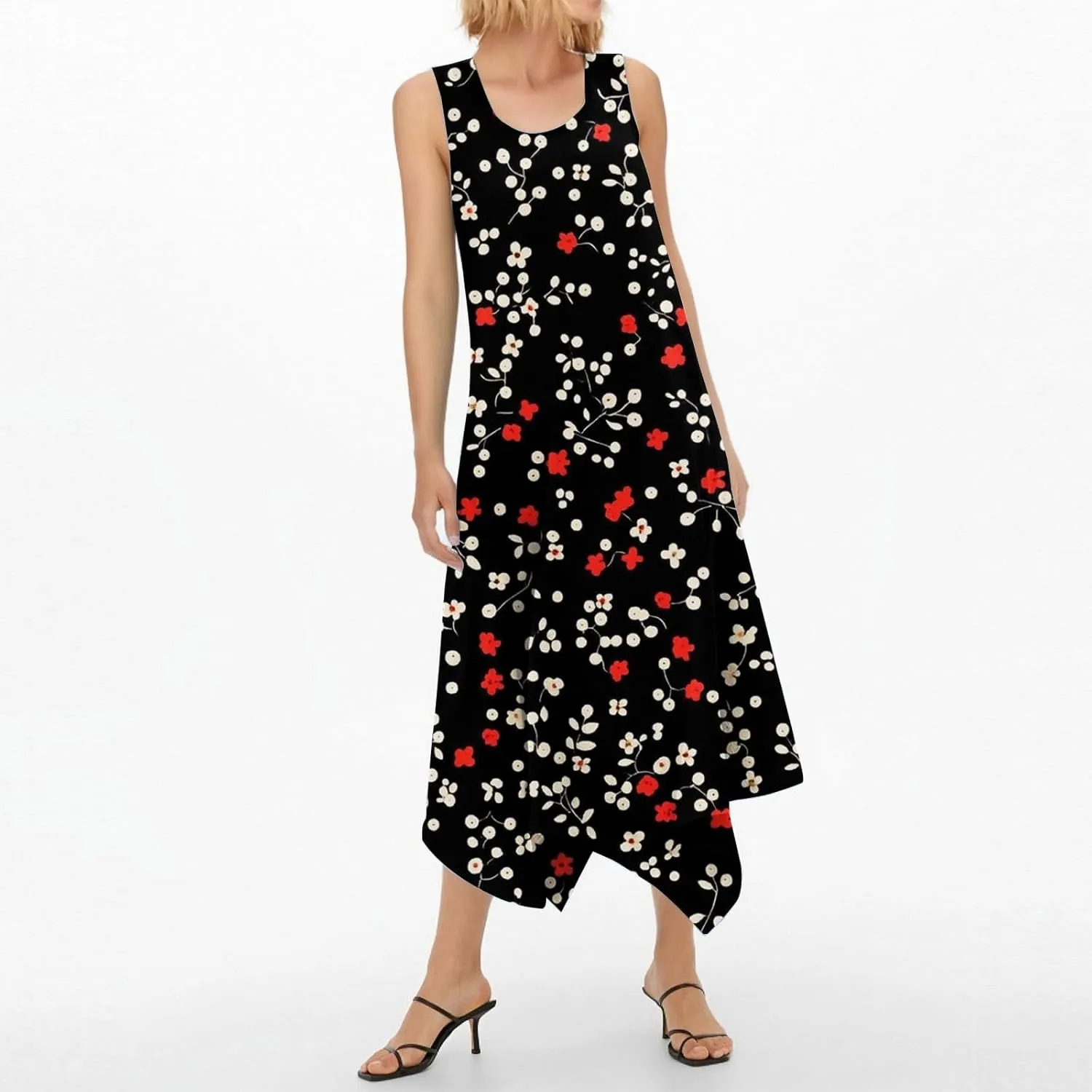 Summer Dresses for Women 2025 Fashion Round Neck Sleeveless Print Irregular Hem Tank Sundress Casual Beach Midi Dresses