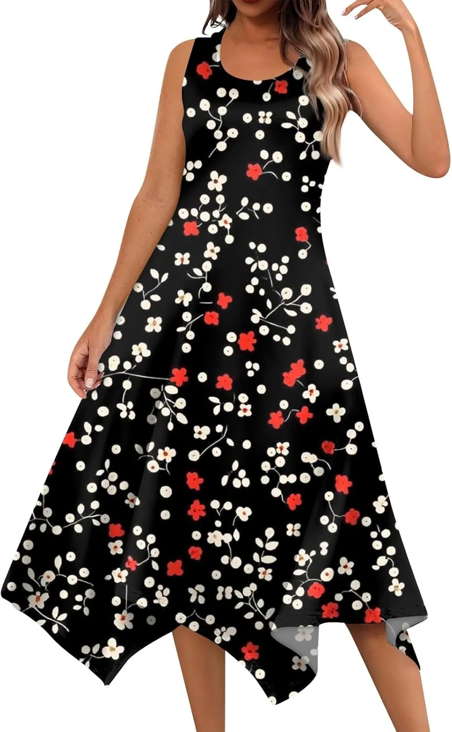 Summer Dresses for Women 2025 Fashion Round Neck Sleeveless Print Irregular Hem Tank Sundress Casual Beach Midi Dresses