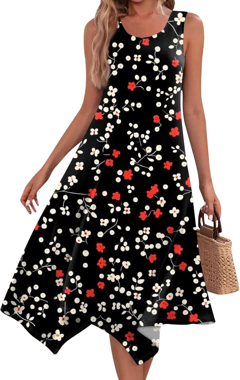 Summer Dresses for Women 2025 Fashion Round Neck Sleeveless Print Irregular Hem Tank Sundress Casual Beach Midi Dresses