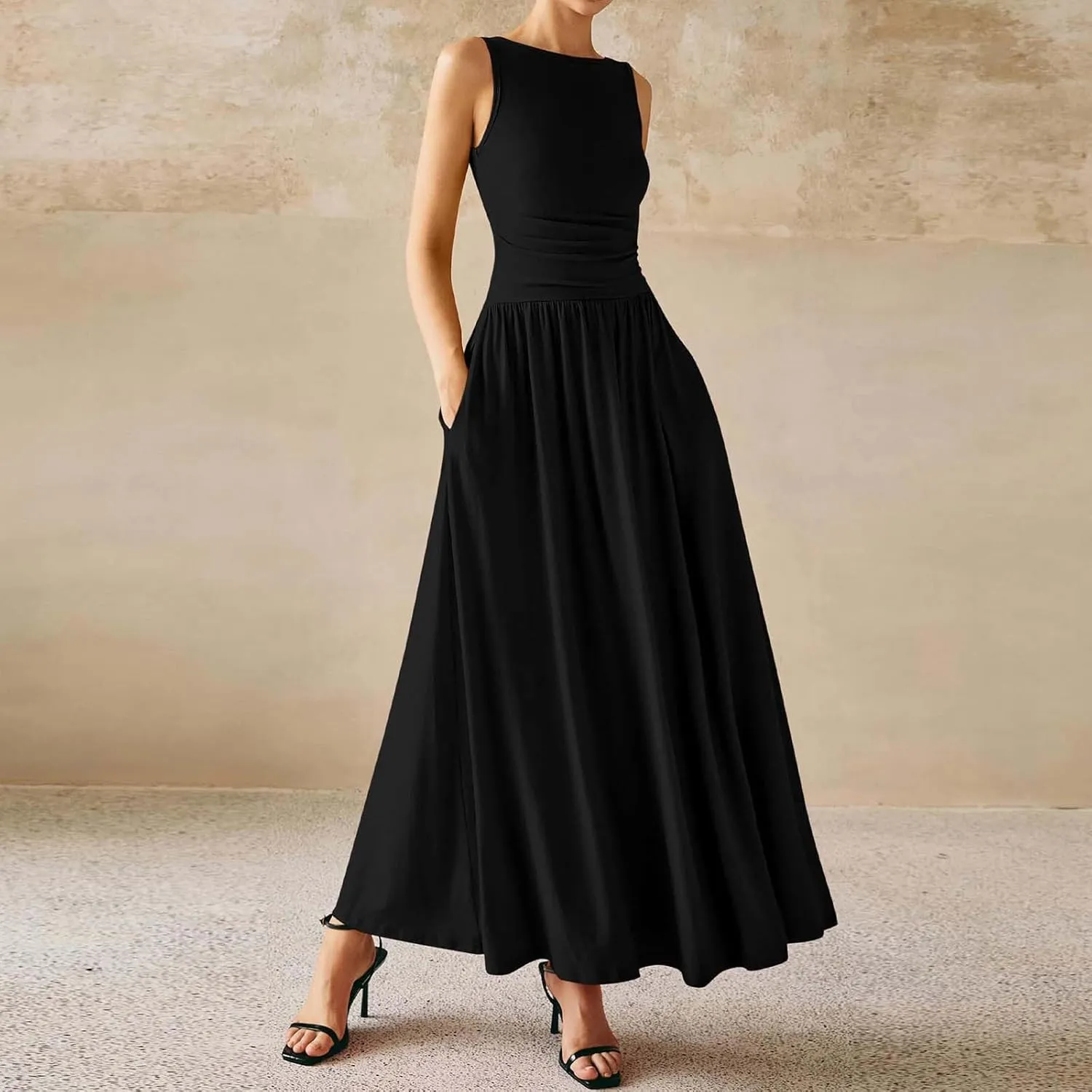 Summer Maxi Dresses for Women 2025 Sleeveless Formal Ruched High Waisted Long Sundress Flowy Beach Tank Dress Clothes