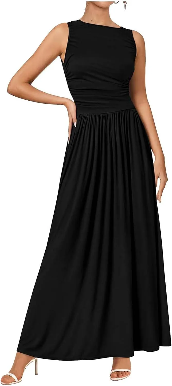 Summer Maxi Dresses for Women 2025 Sleeveless Formal Ruched High Waisted Long Sundress Flowy Beach Tank Dress Clothes