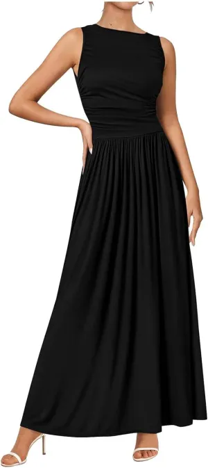 Summer Maxi Dresses for Women 2025 Sleeveless Formal Ruched High Waisted Long Sundress Flowy Beach Tank Dress Clothes
