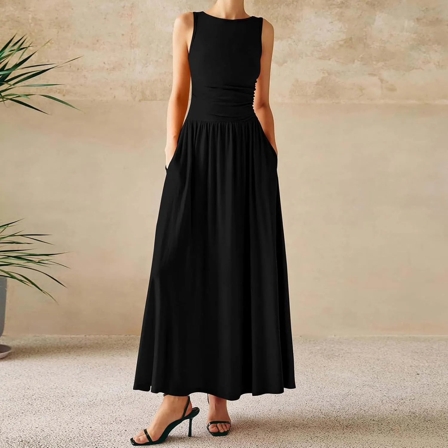 Summer Maxi Dresses for Women 2025 Sleeveless Formal Ruched High Waisted Long Sundress Flowy Beach Tank Dress Clothes