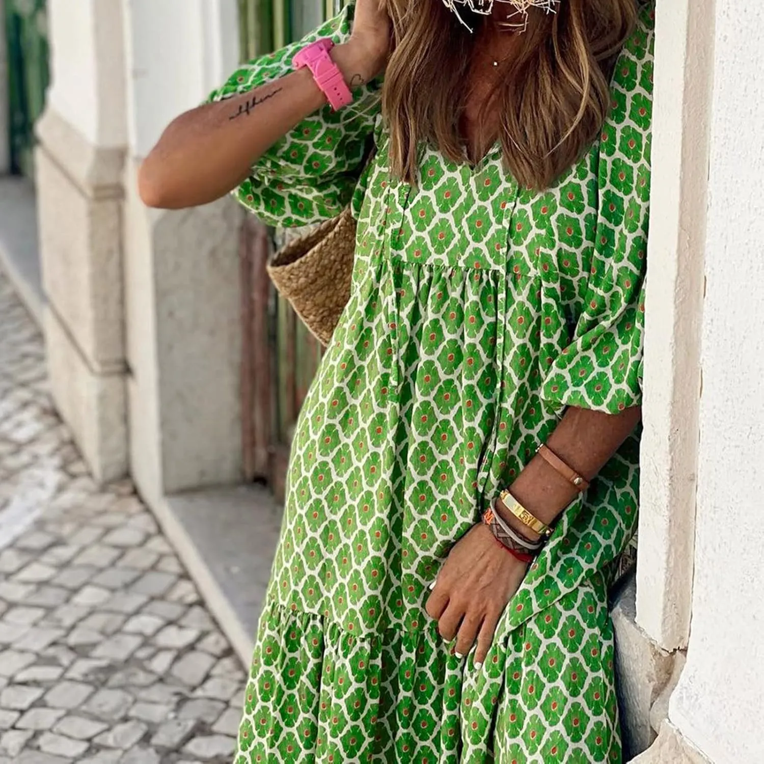 V Neck Summer Casual Fashion Print Lace-Up Bubble 3/4 Sleeves Ruffle Stitching Big Swing Long Loose Maxi Dress