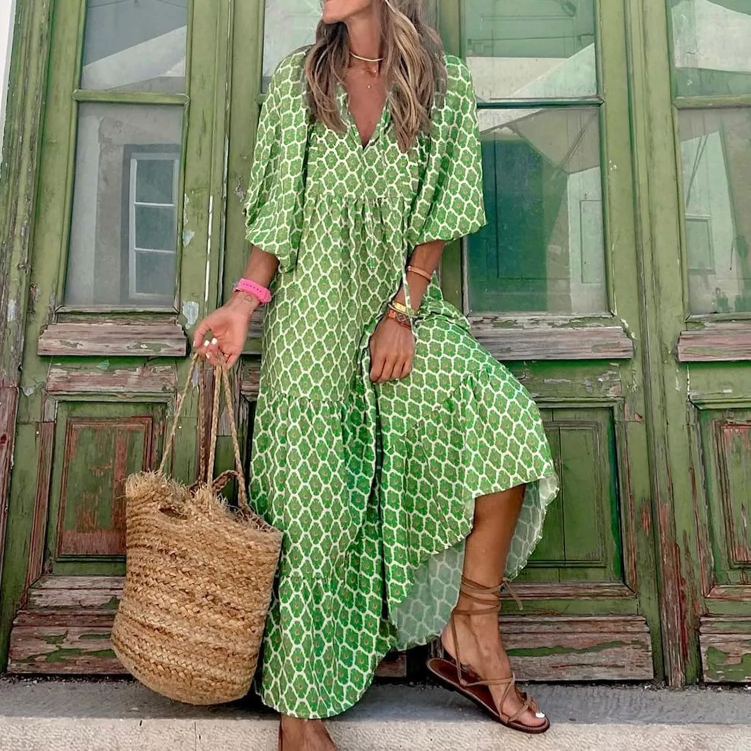 V Neck Summer Casual Fashion Print Lace-Up Bubble 3/4 Sleeves Ruffle Stitching Big Swing Long Loose Maxi Dress