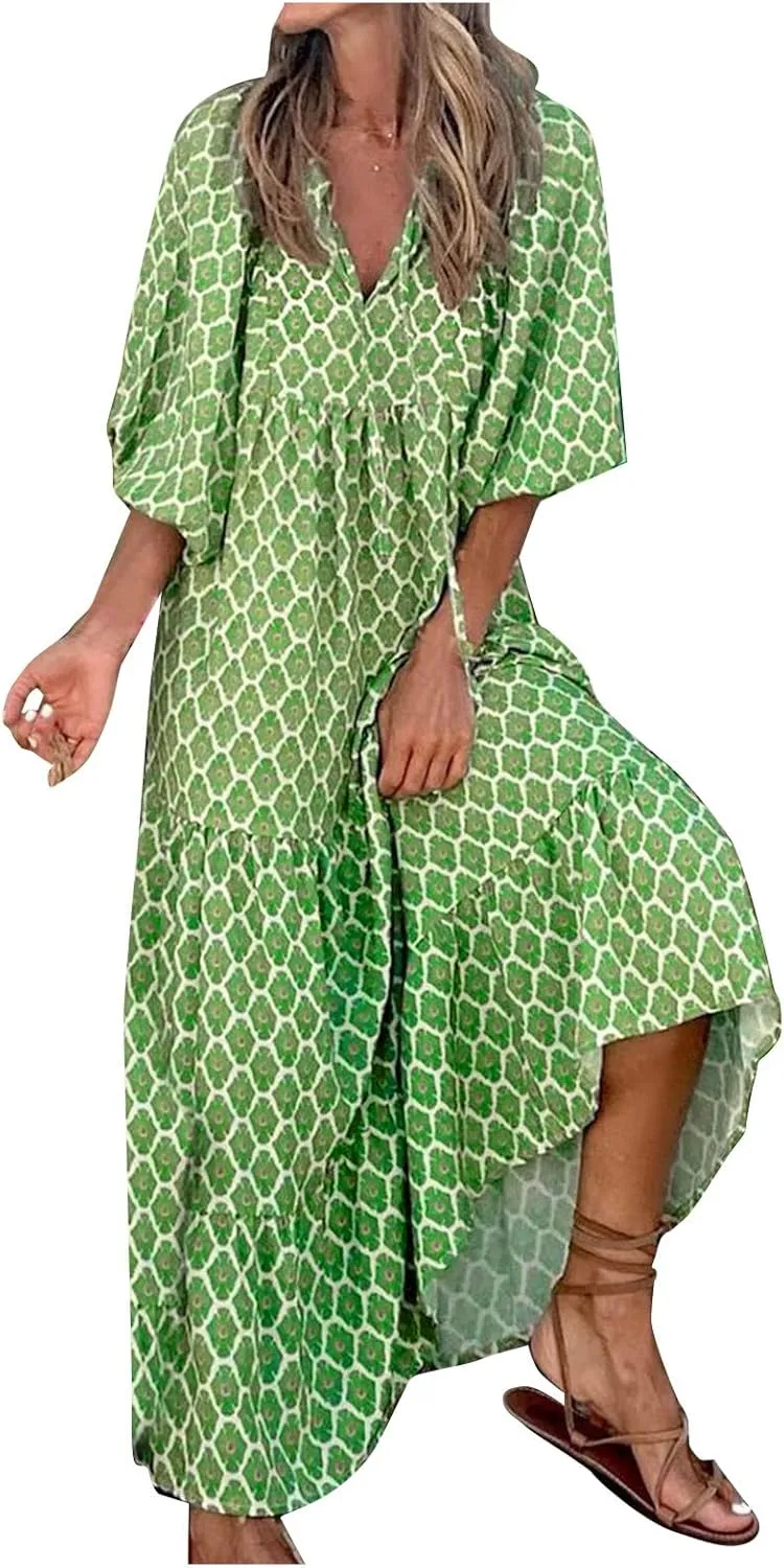 V Neck Summer Casual Fashion Print Lace-Up Bubble 3/4 Sleeves Ruffle Stitching Big Swing Long Loose Maxi Dress