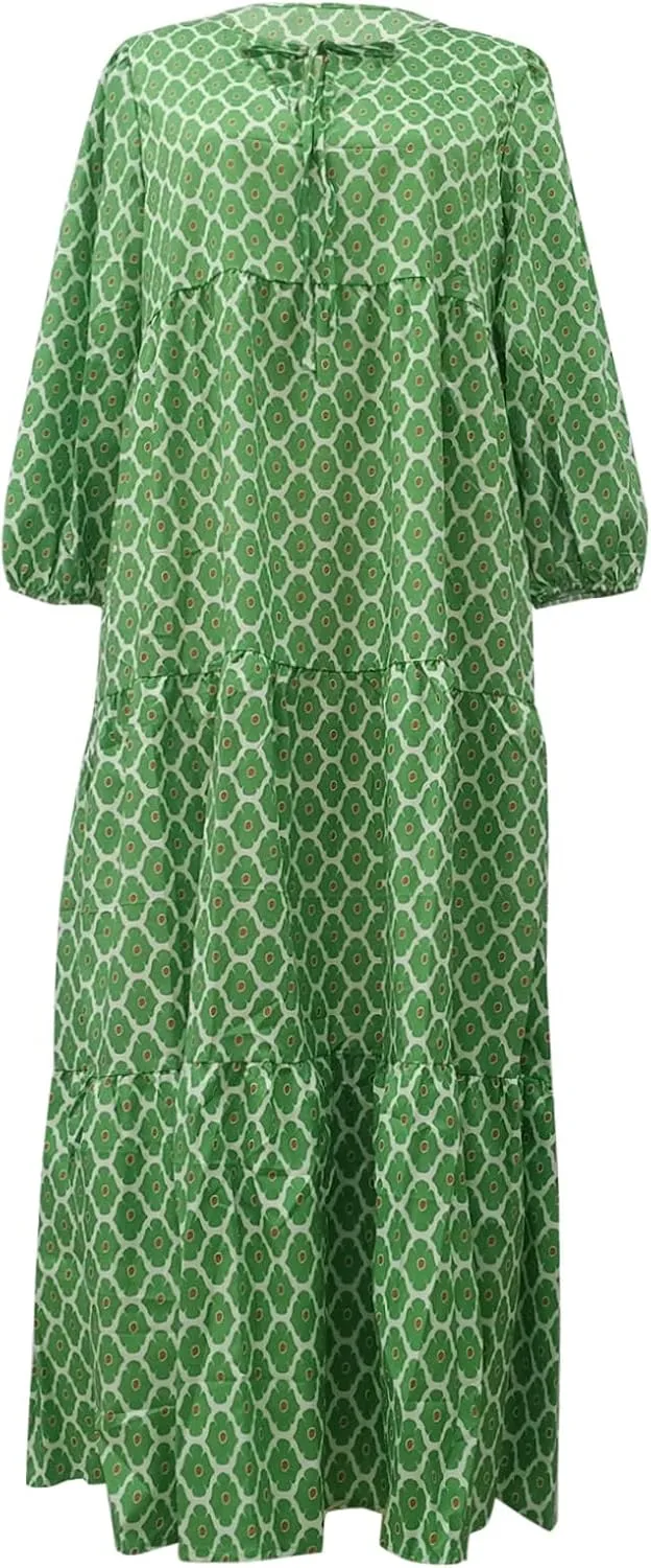 V Neck Summer Casual Fashion Print Lace-Up Bubble 3/4 Sleeves Ruffle Stitching Big Swing Long Loose Maxi Dress