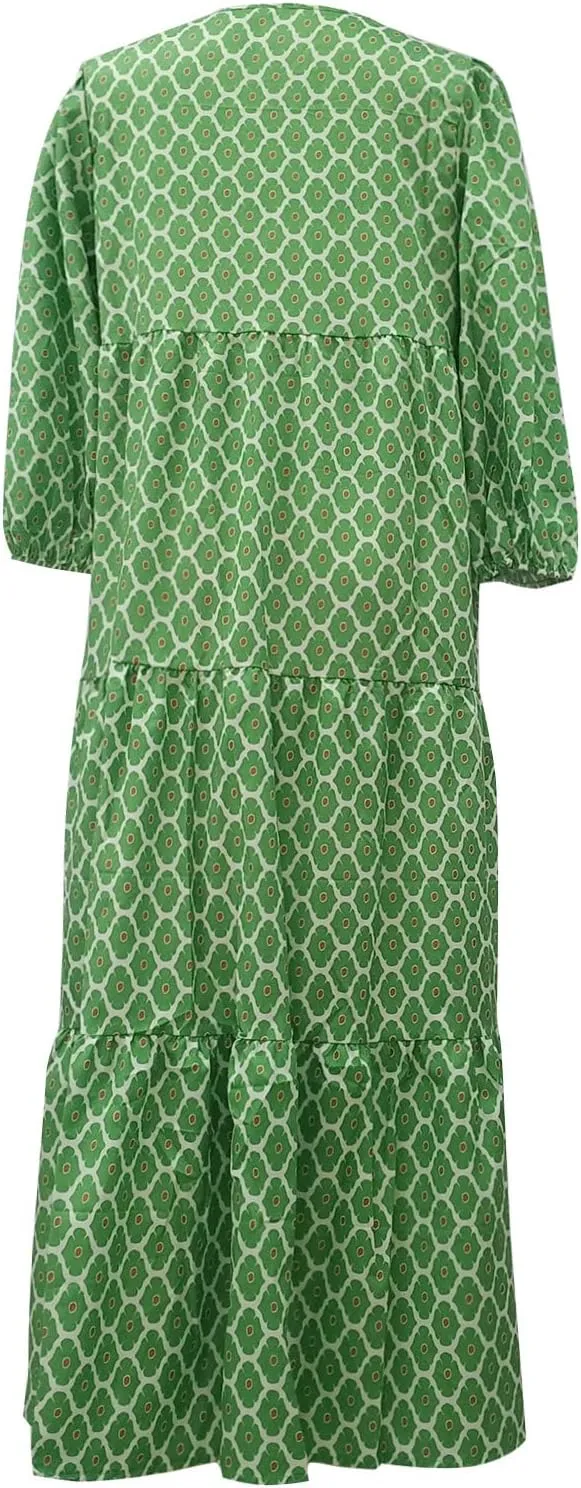 V Neck Summer Casual Fashion Print Lace-Up Bubble 3/4 Sleeves Ruffle Stitching Big Swing Long Loose Maxi Dress