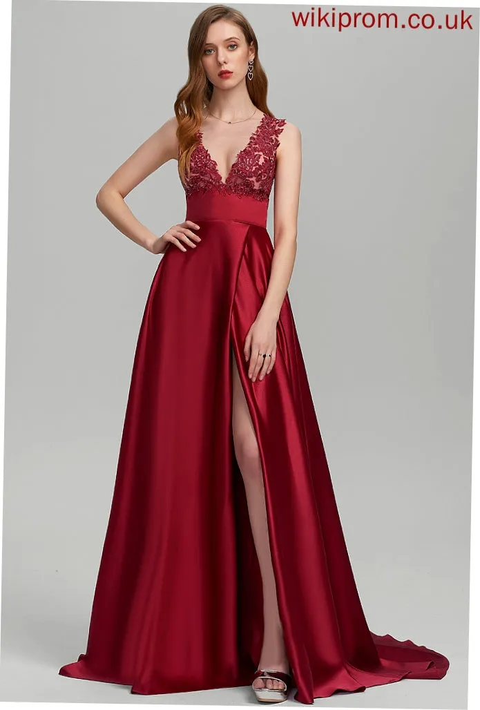 V-neck With Sweep Satin Prom Dresses Lace Ball-Gown/Princess Sequins Shannon Train