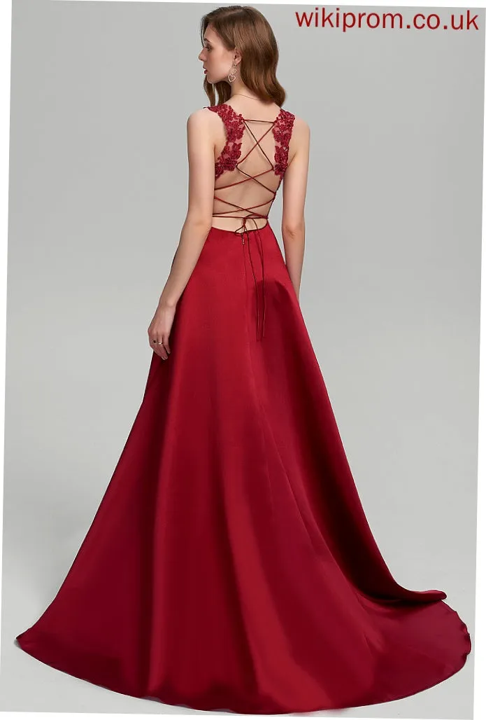V-neck With Sweep Satin Prom Dresses Lace Ball-Gown/Princess Sequins Shannon Train