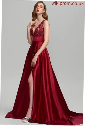 V-neck With Sweep Satin Prom Dresses Lace Ball-Gown/Princess Sequins Shannon Train