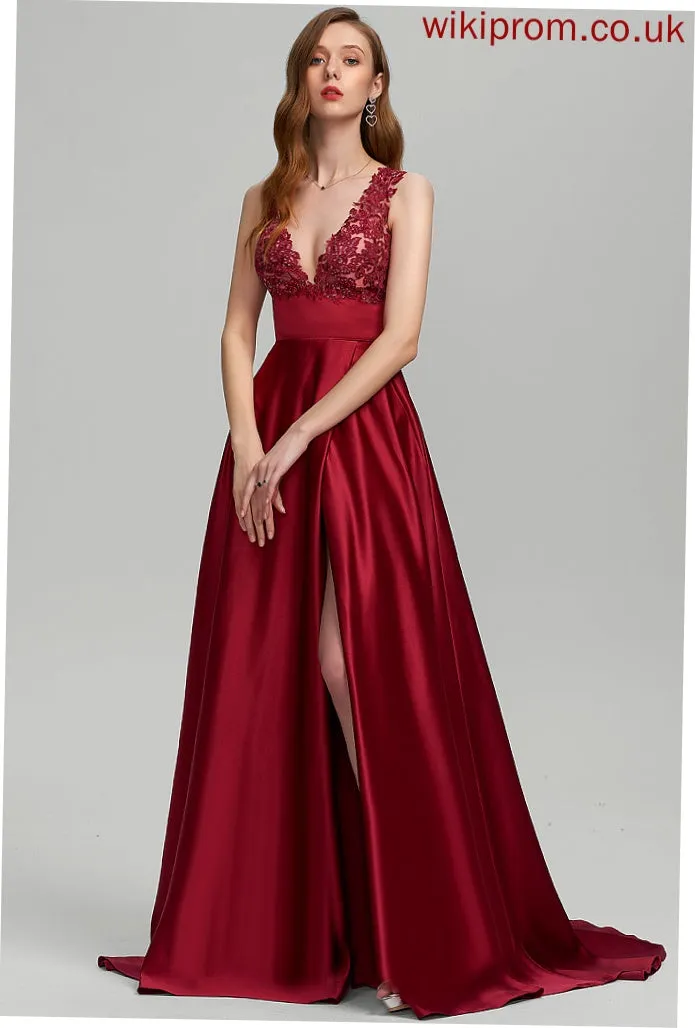 V-neck With Sweep Satin Prom Dresses Lace Ball-Gown/Princess Sequins Shannon Train