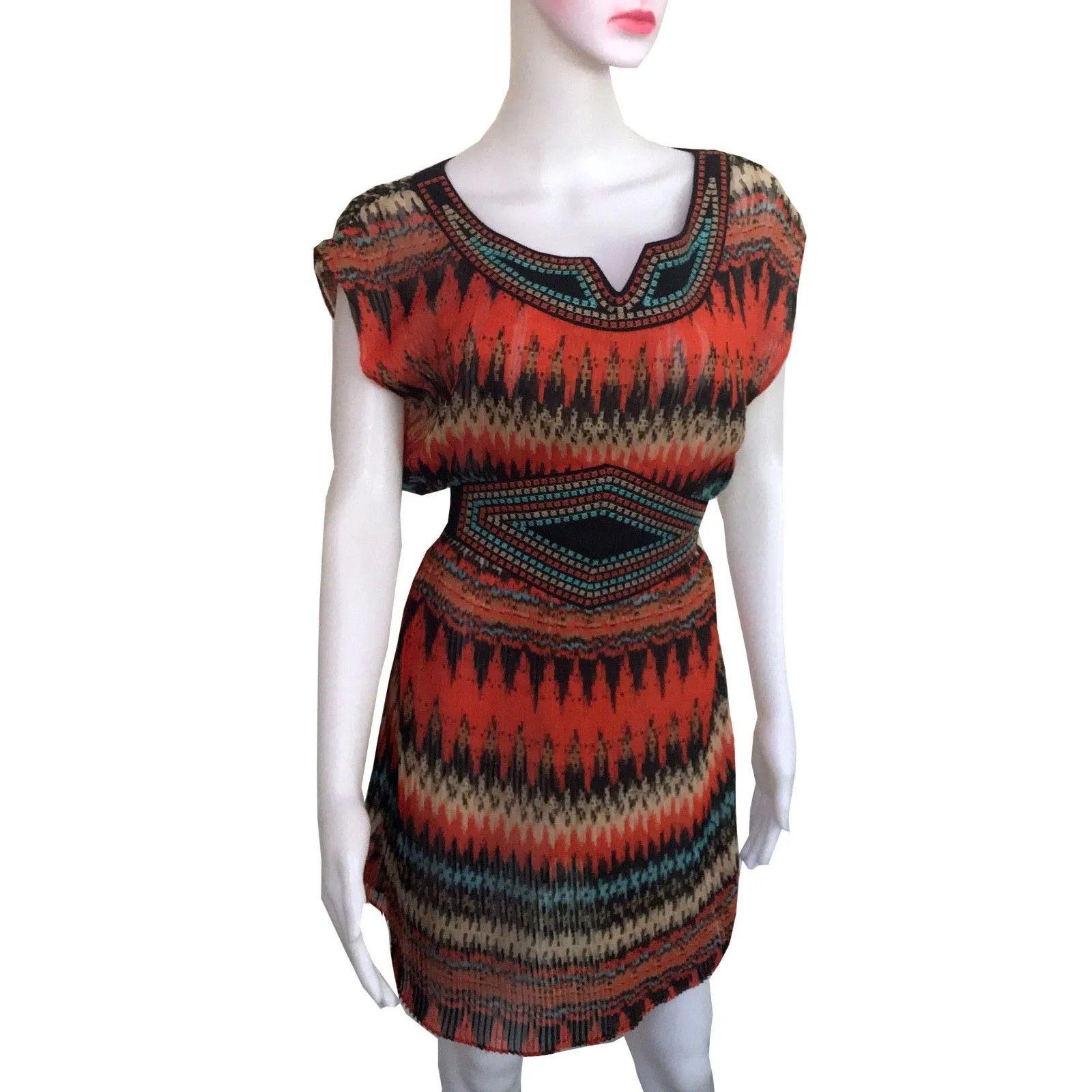 Vintage 1970s Aztec Print Pleated Tunic Dress