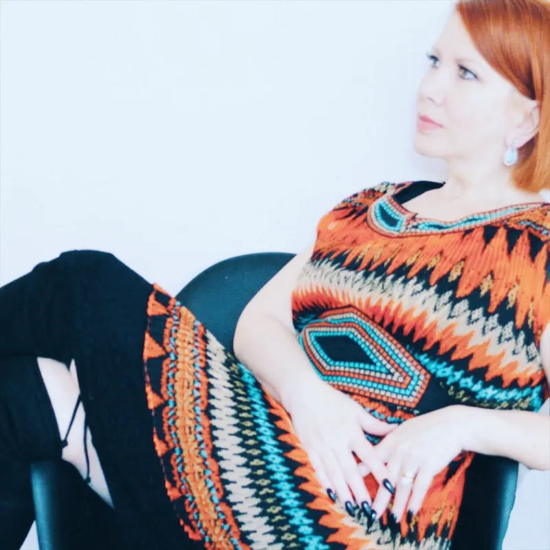Vintage 1970s Aztec Print Pleated Tunic Dress