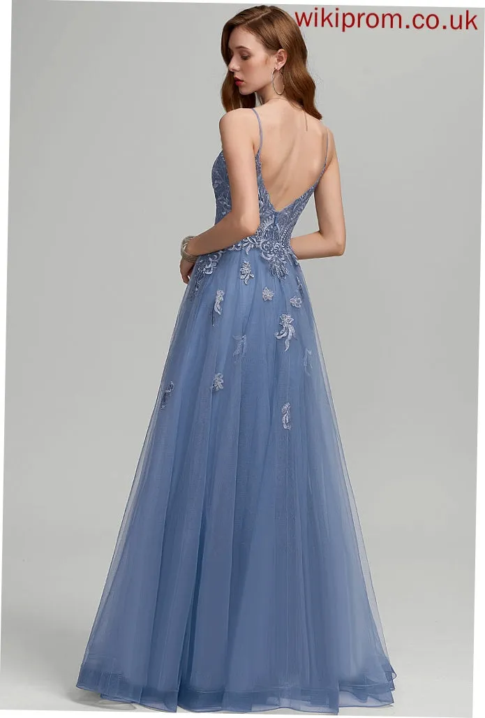 With Tulle A-Line Sequins Floor-Length Lace V-neck Giselle Prom Dresses
