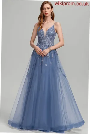 With Tulle A-Line Sequins Floor-Length Lace V-neck Giselle Prom Dresses