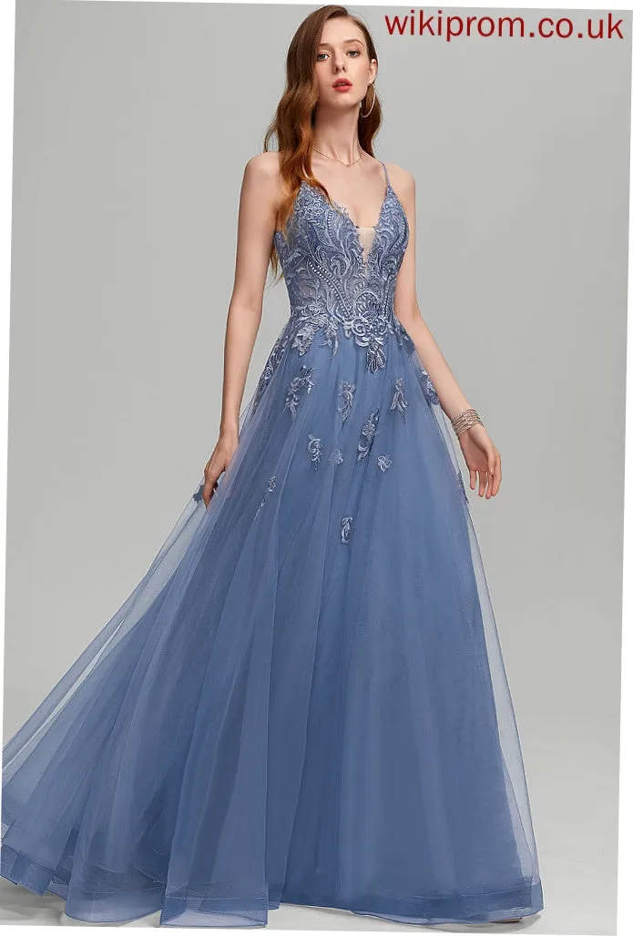 With Tulle A-Line Sequins Floor-Length Lace V-neck Giselle Prom Dresses