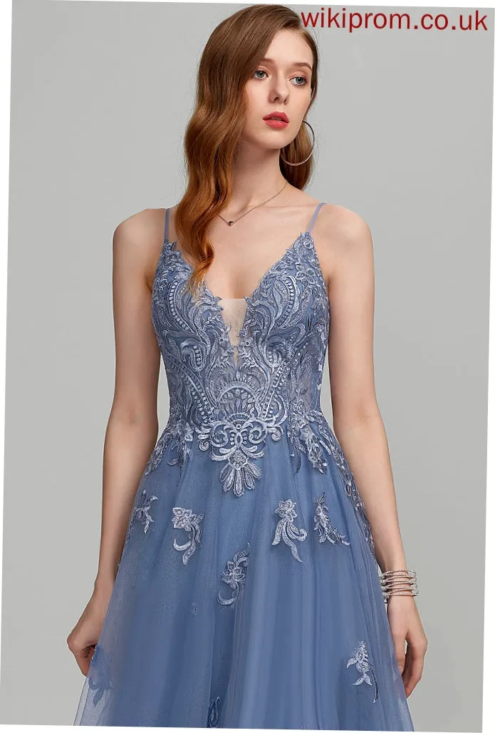 With Tulle A-Line Sequins Floor-Length Lace V-neck Giselle Prom Dresses
