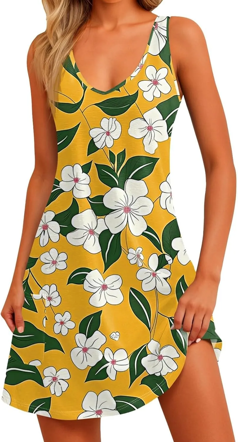 Women Summer Dresses V Neck 2025 Swimsuit Coverup Beach Printed Dress with Pocket Sleeveless Casual Sundress