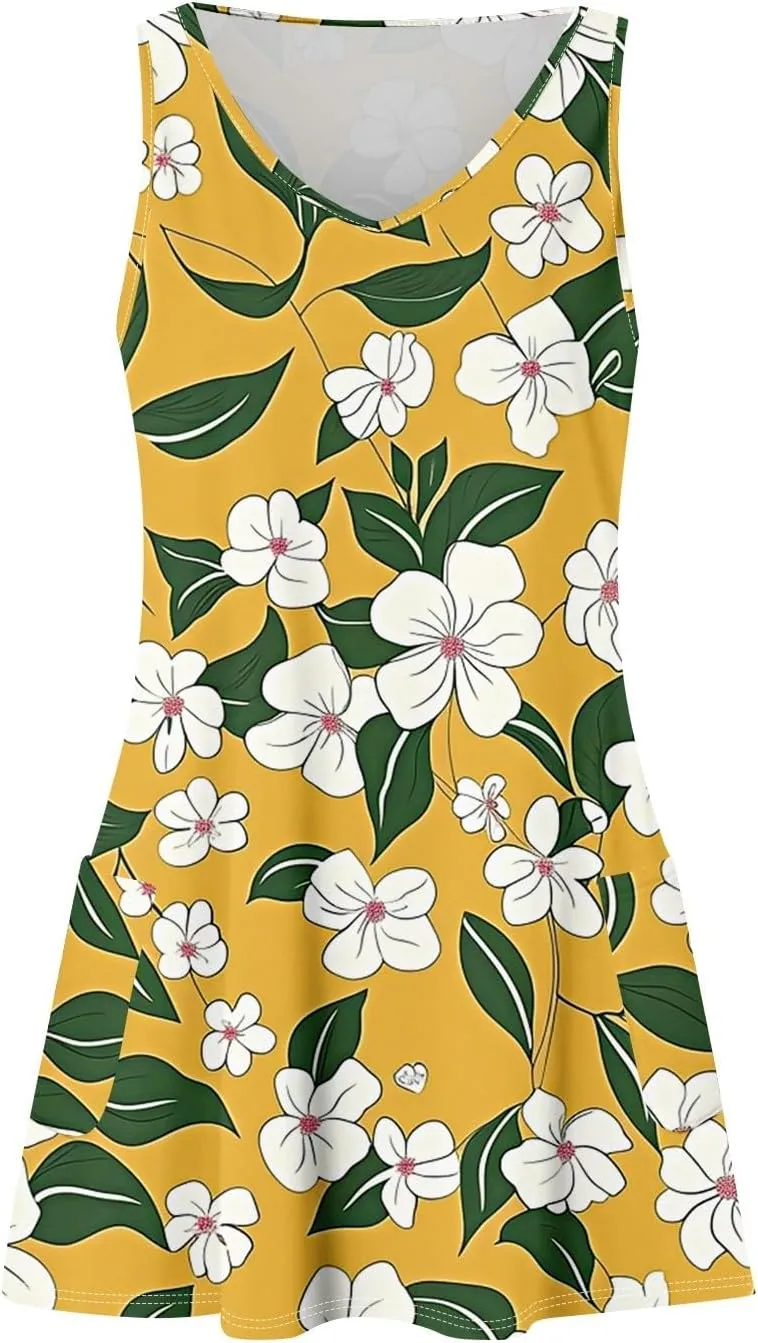 Women Summer Dresses V Neck 2025 Swimsuit Coverup Beach Printed Dress with Pocket Sleeveless Casual Sundress