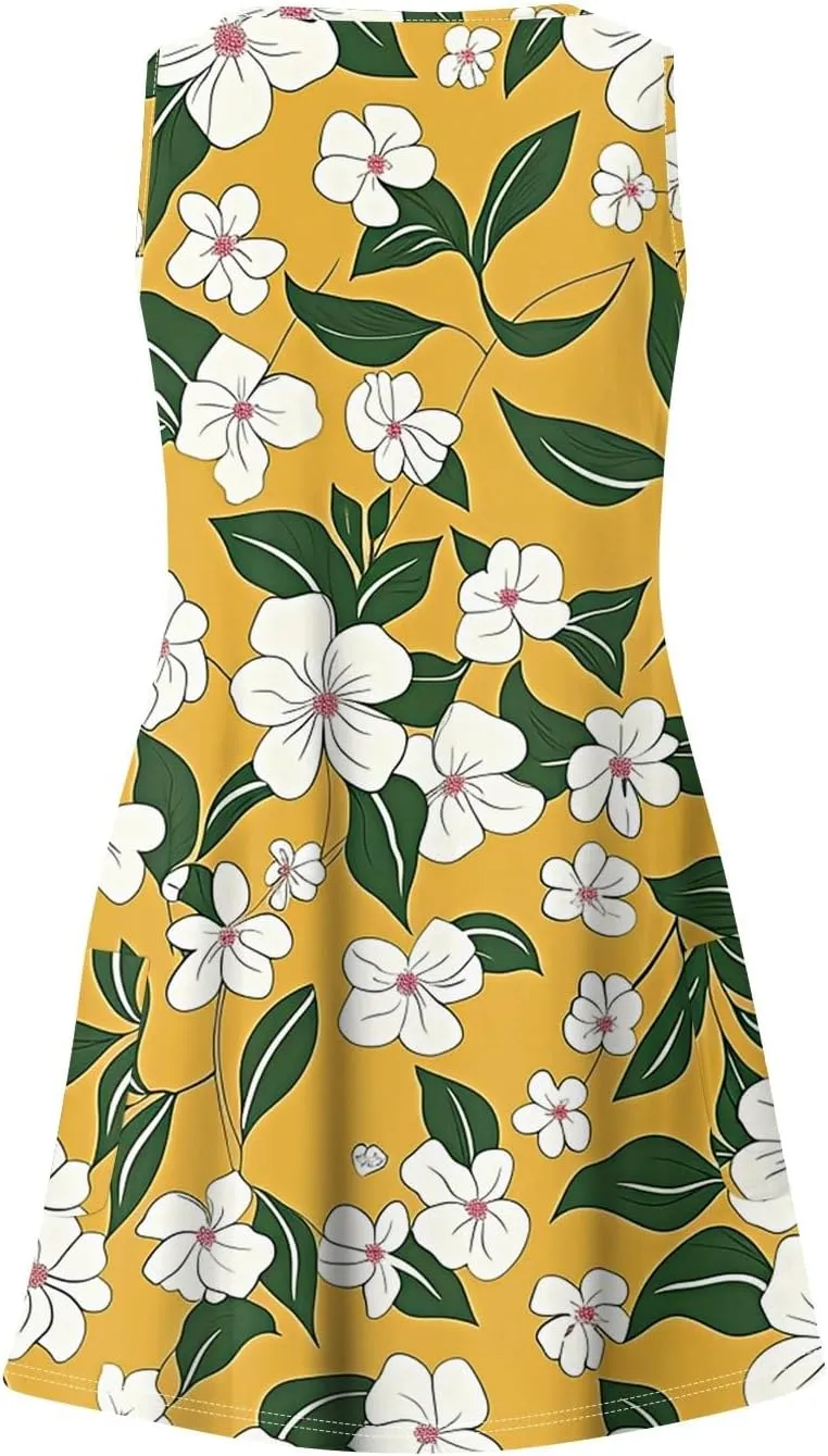 Women Summer Dresses V Neck 2025 Swimsuit Coverup Beach Printed Dress with Pocket Sleeveless Casual Sundress