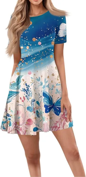 Womens Boho Dresses, Summer Mini Dress Short Sleeve Empire Waist Crewneck Dresses with Pockets Beach Plus Size Dress