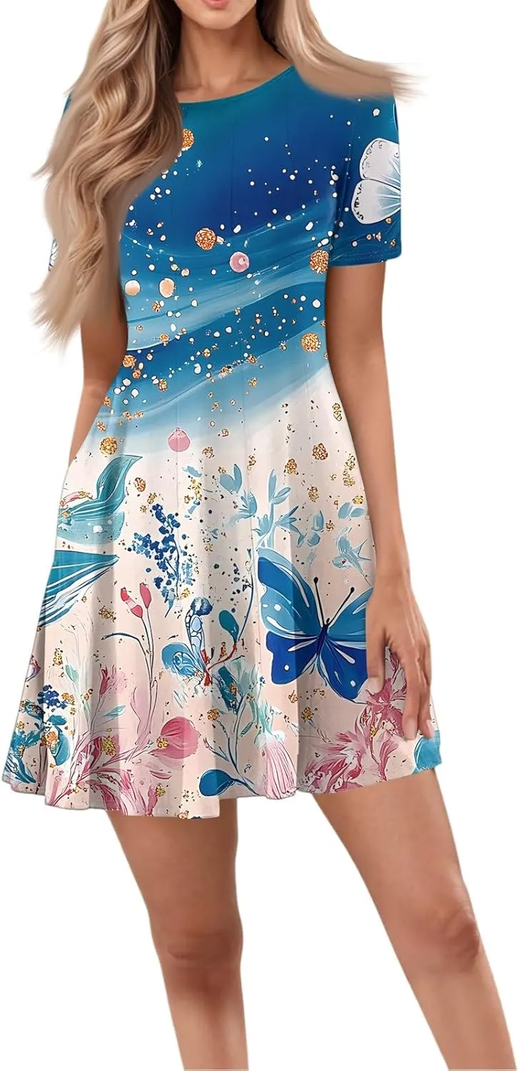 Womens Boho Dresses, Summer Mini Dress Short Sleeve Empire Waist Crewneck Dresses with Pockets Beach Plus Size Dress