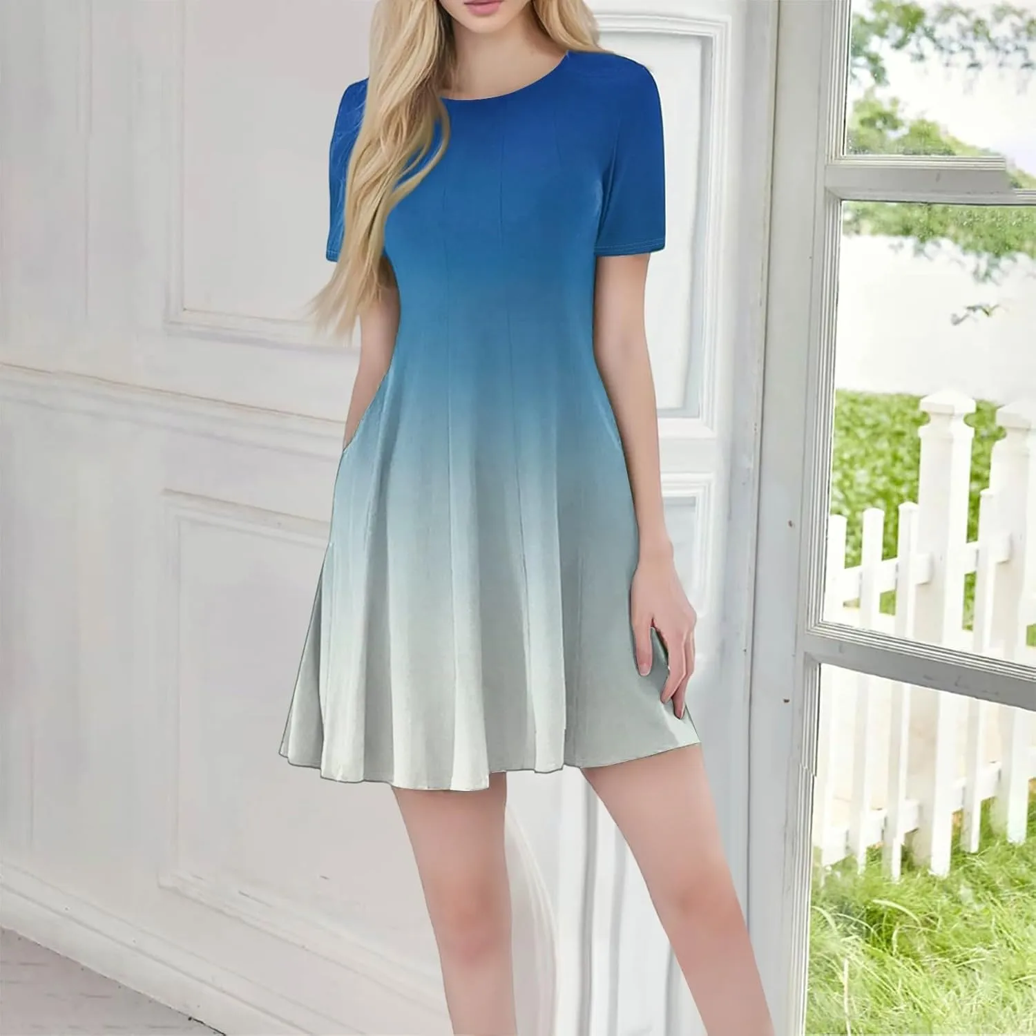 Womens Boho Dresses, Summer Mini Dress Short Sleeve Empire Waist Crewneck Dresses with Pockets Beach Plus Size Dress