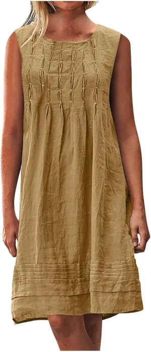 Womens Cotton Linen Casual Dresses Summer Sleeveless Crewneck Pleated Midi Dress 2025 Trendy Loose Beach Sundress