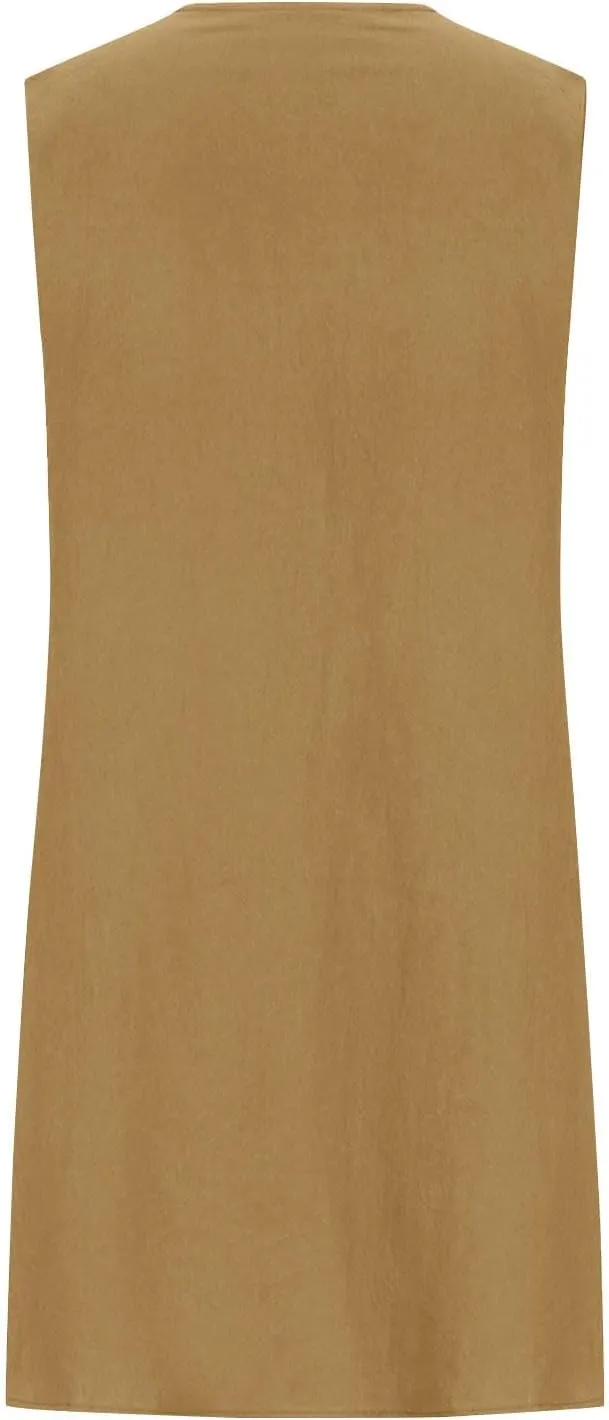 Womens Cotton Linen Casual Dresses Summer Sleeveless Crewneck Pleated Midi Dress 2025 Trendy Loose Beach Sundress