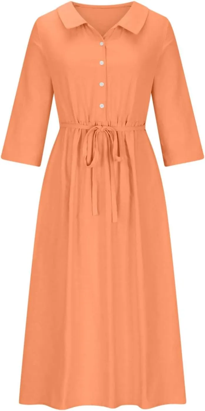 Women's Cotton Linen Midi Dress Plus Size 3/4 Sleeve Pleated Summer Dresses Vacation 2025 Crew Neck Casual Dress