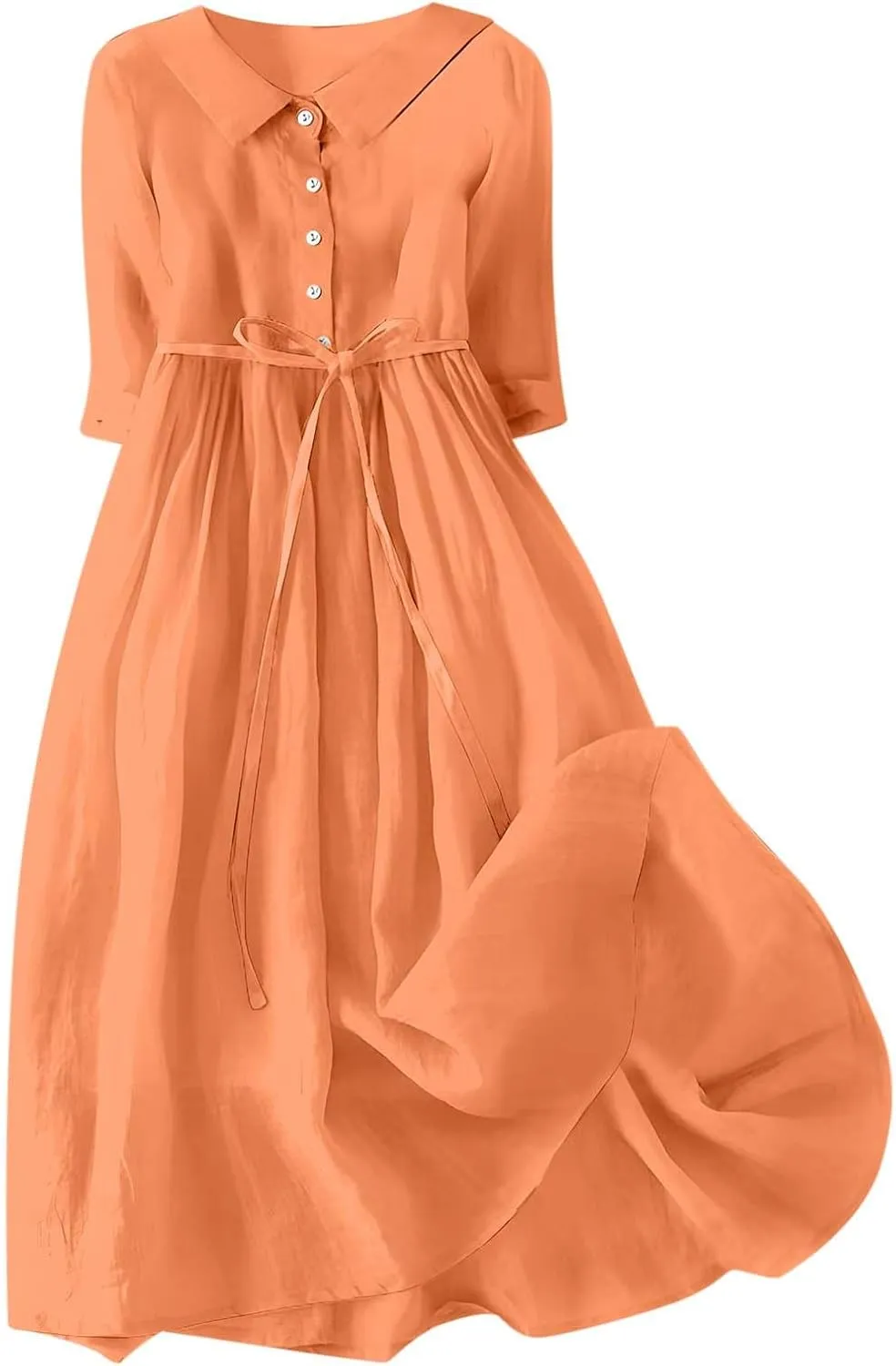 Women's Cotton Linen Midi Dress Plus Size 3/4 Sleeve Pleated Summer Dresses Vacation 2025 Crew Neck Casual Dress