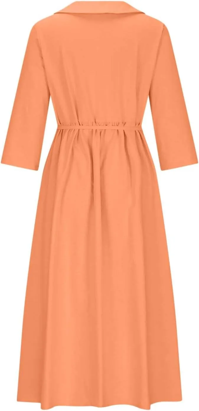 Women's Cotton Linen Midi Dress Plus Size 3/4 Sleeve Pleated Summer Dresses Vacation 2025 Crew Neck Casual Dress