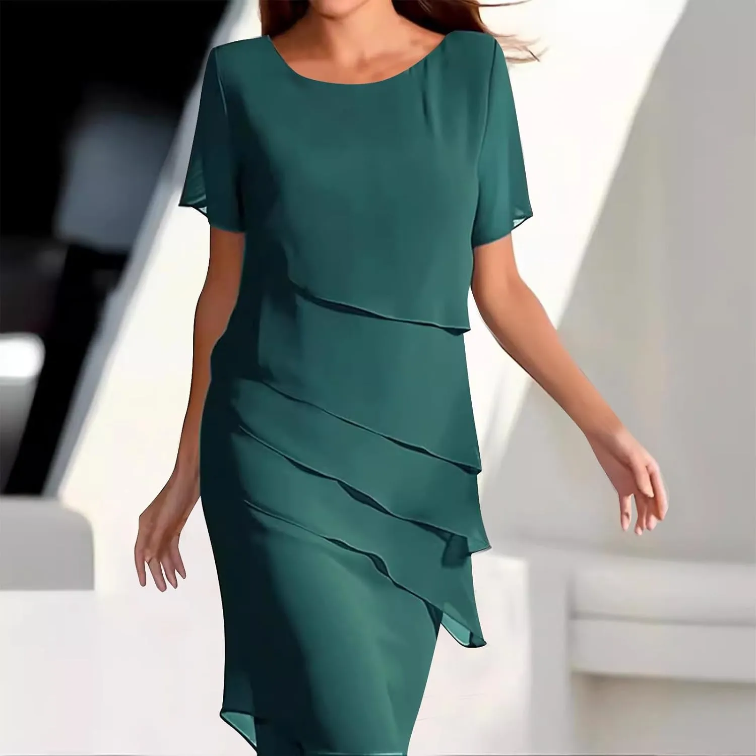 Women's Tiered Chiffon Dresses Pleated A Line Flowy Mini Dress Solid Color Long Dress Cocktail Party Evening Dresses