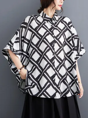 xakxx Batwing Sleeves Half Sleeves Buttoned Plaid Lapel Collar Blouses&Shirts Tops