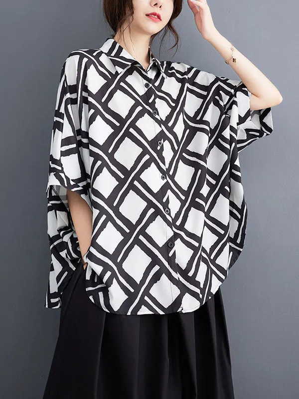 xakxx Batwing Sleeves Half Sleeves Buttoned Plaid Lapel Collar Blouses&Shirts Tops