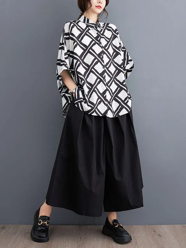 xakxx Batwing Sleeves Half Sleeves Buttoned Plaid Lapel Collar Blouses&Shirts Tops